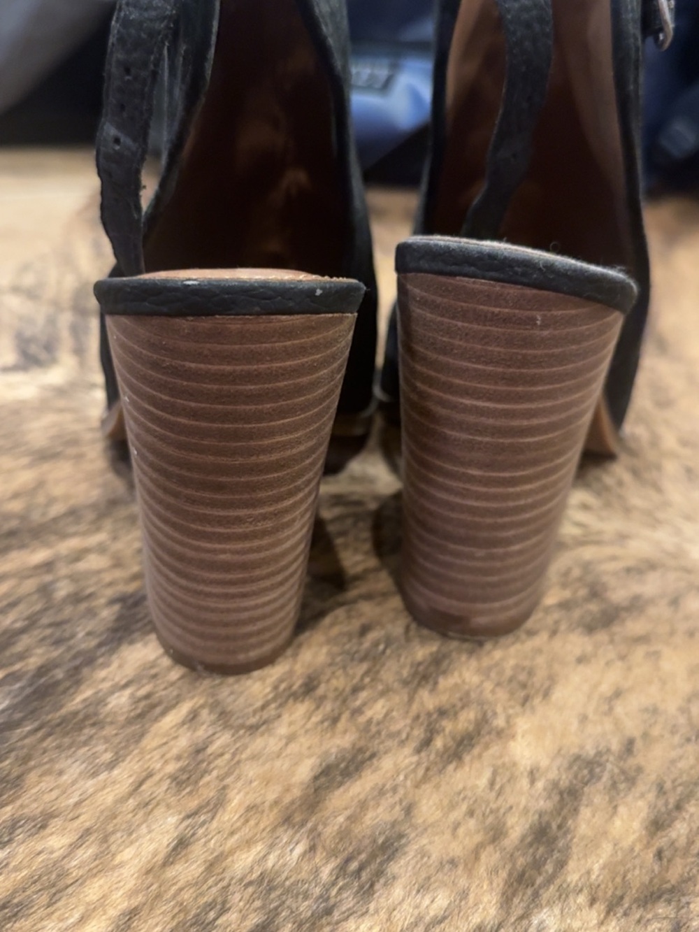 Lucky Brand Black Strappy Heeled Boots with Stacked Brown Block Heel